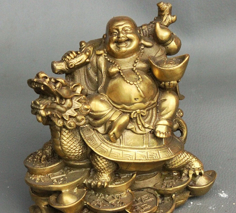 Китай латунь для богатства с юаньбао монетами Gourd Maitreya Будда езда статуя дракона