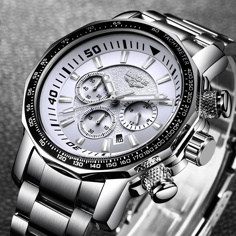 LIGE мужские часы модные спортивные кварцевые с большим циферблатом все стальные