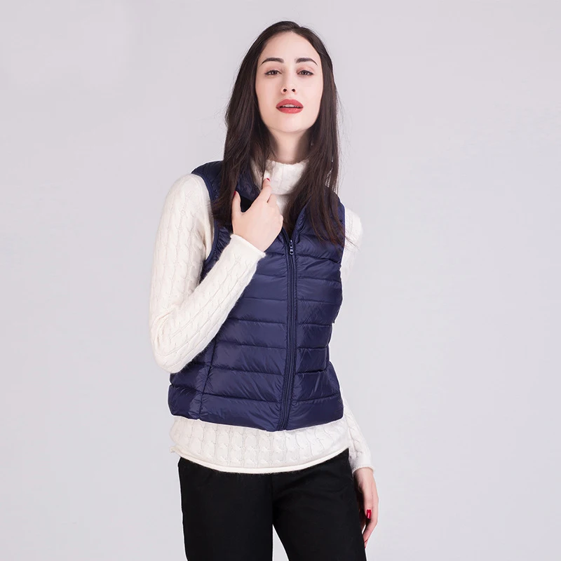 Navy blue Новинка, зимний жилет на 90% белом утином пуху, теплый тонкий женский пуховик на молнии с воротником-стойкой, 12 цветов, S-3XL - Цвет: Navy blue