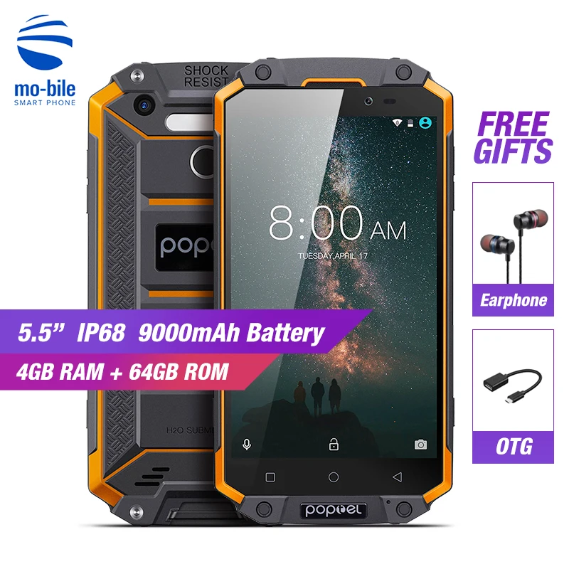Poptel P9000 MAX 4G смартфон IP68 Android 7 0 MTK6750V Восьмиядерный 4 Гб ОЗУ 64 ПЗУ 9000 мАч 13.0MP OTG NFC