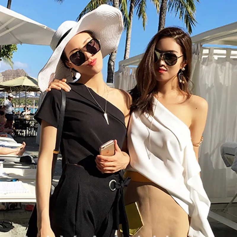 TWOTWINSTYLE Off Shoulder T Shirt Female Ruffles Irregular Collar Asymmetric Short Pullover Tops For Women Fashion New Clothing | Женская