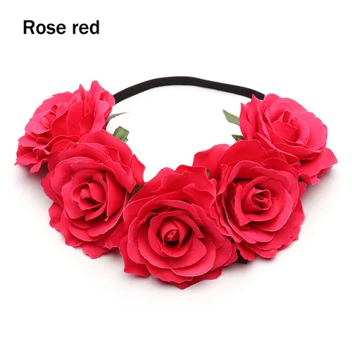 Rose red HOOH женский свадебный цветок корона ободки Девушки Бохо повязка на голову для невесты аксессуары, ленты для волос лента бант Венок повязка на голову - Цвет: Rose red