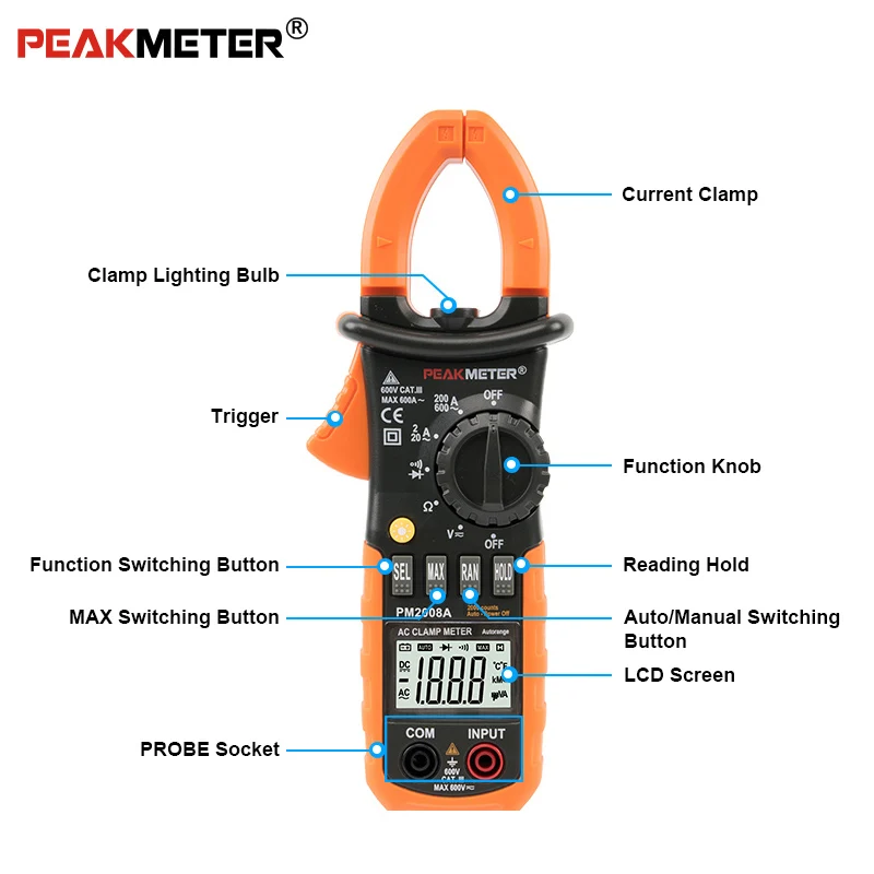 Цифровой токоизмерительный зажим PEAKMETER PM2008A с автоматическим выбором диапазона