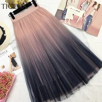 tigena beautiful gradient color long tulle skirts women korean a line high waist pleated maxi skirt female school skirt girls