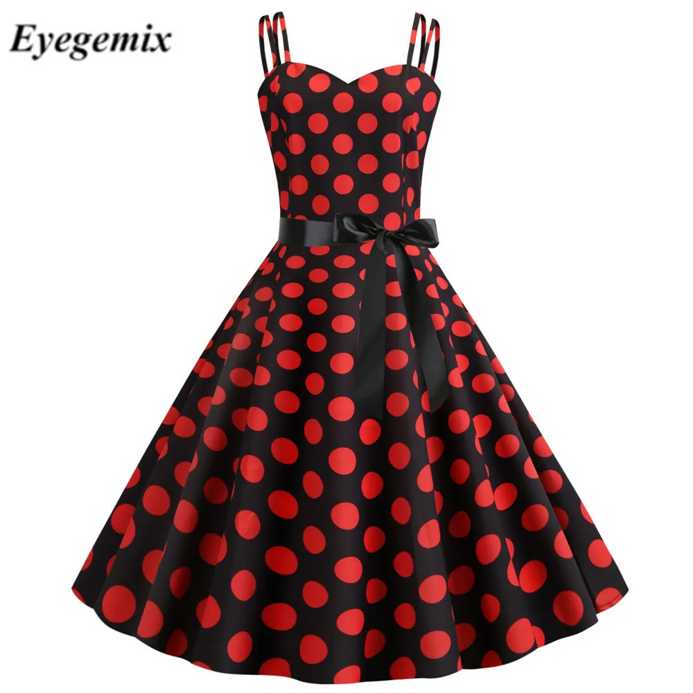 Женское винтажное платье ретро в горошек зеленое стиле Хепберн с лямкой на шее