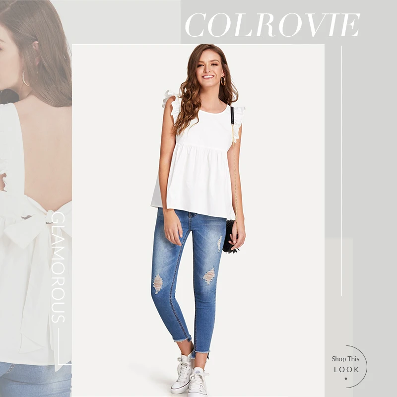 COLROVIE, белый, с рюшами, с завязками, открытая спина, сексуальный топ, женская блузка, рубашка,, летняя, неоновая, зеленая, с открытой спиной, без рукавов, милые блузки