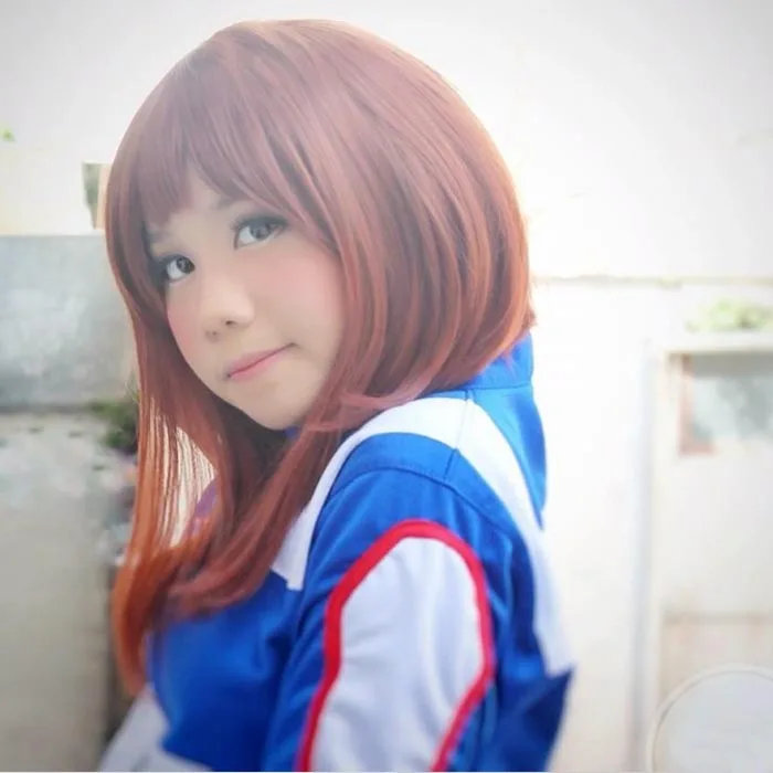 Anime My Hero Academia Ochako Uraraka Short Brown Bob Heat Resistant Cosplay Costume Wig + Wig Cap+Keychain