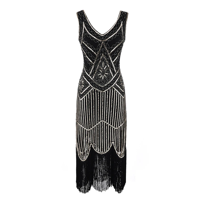 XS XXL, новинка, женское платье с хлопушкой, костюм Гэтсби 20 s, платья с бахромой и пайетками, коктейльное вечернее платье, vestidos - Цвет: 083blackgolden