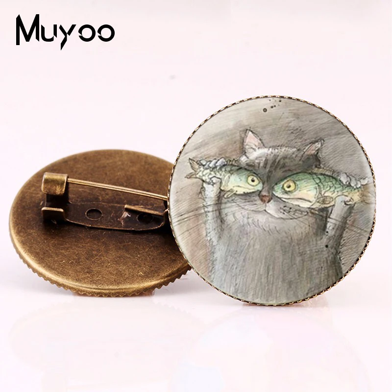 Стиль кошка и брошь с рыбой булавка животное фото Броши мультфильм живопись булавки Подарки для женщин серебро бронза ювелирные изделия Стекло Круглый - Окраска металла: 1