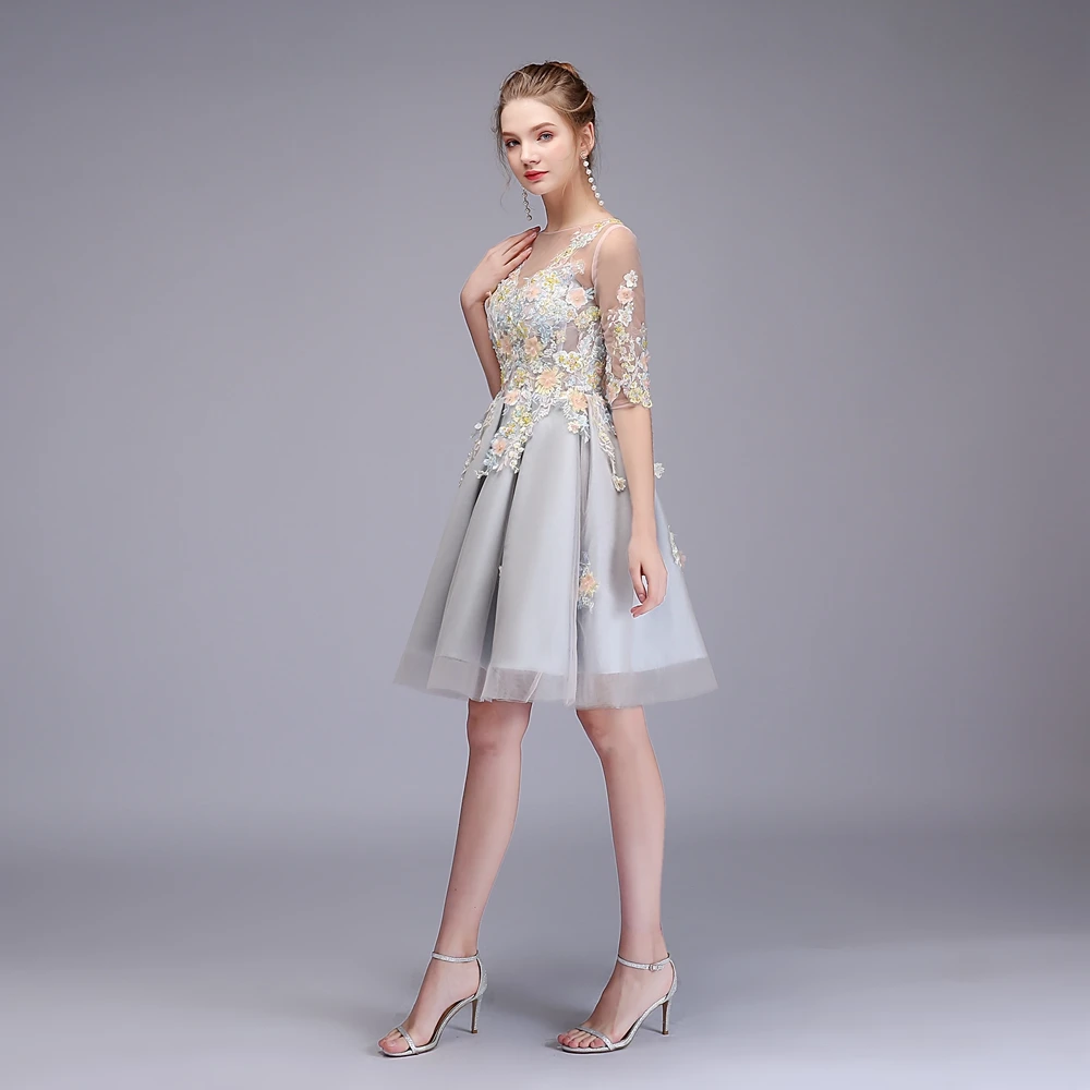 SSYFashion/Новое милое коктейльное платье серого цвета с коротким рукавом, длиной до колен, кружевной аппликацией, бисером, праздничное платье на заказ, торжественное платье