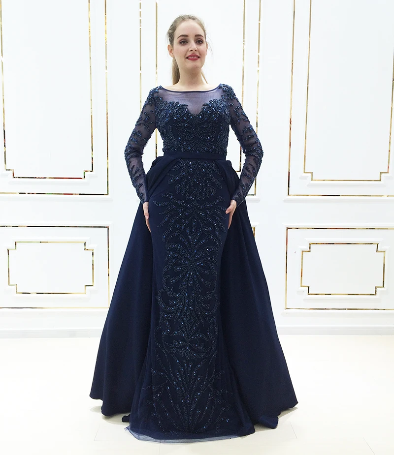 Настоящее фото халат De Soiree с длинными рукавами роскошное вечернее платье Marmaid бусины Кристалл женщин Арабский формальное платье для выпускного вечера