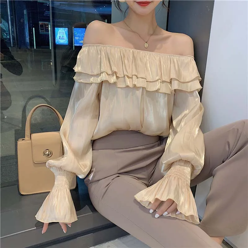 

Slash Neck Spring Long Sleeve Slash Neck Ruffles Satin Shirts Women Office Work Wear OL Satin Blouses Lady Chiffon Satin Tops