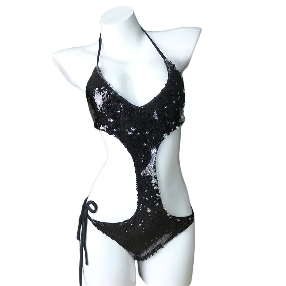 PLAVKY сексуальный Холтер Черный Серебряный Блестящий купальный костюм купальник