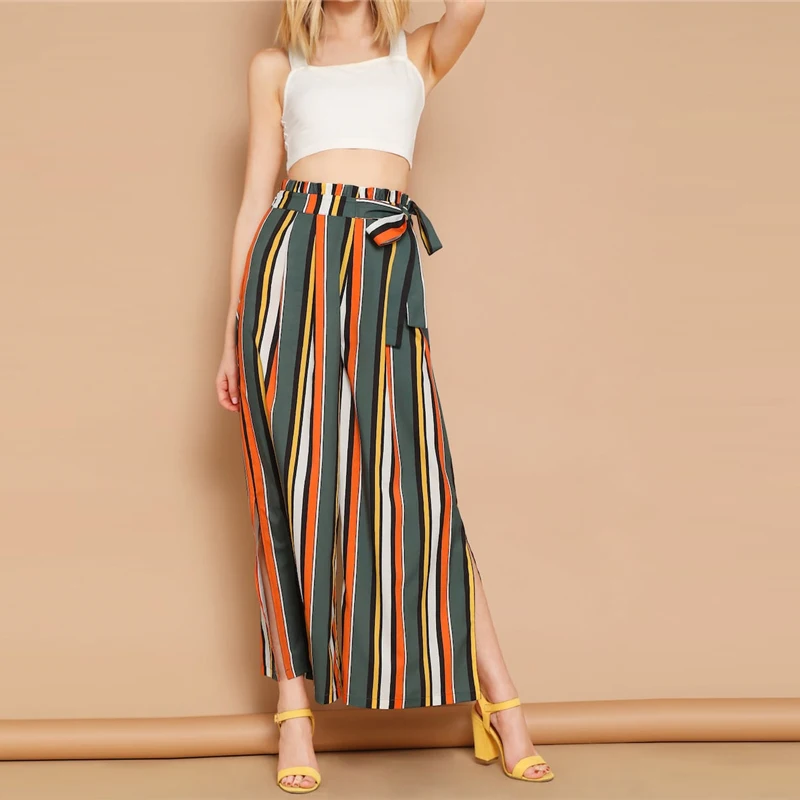 SHEIN Разноцветные Брюки В Полоску С Поясом И Разрезами Женские Богемные Летние Модные Широкие Брюки С Высокой Талией