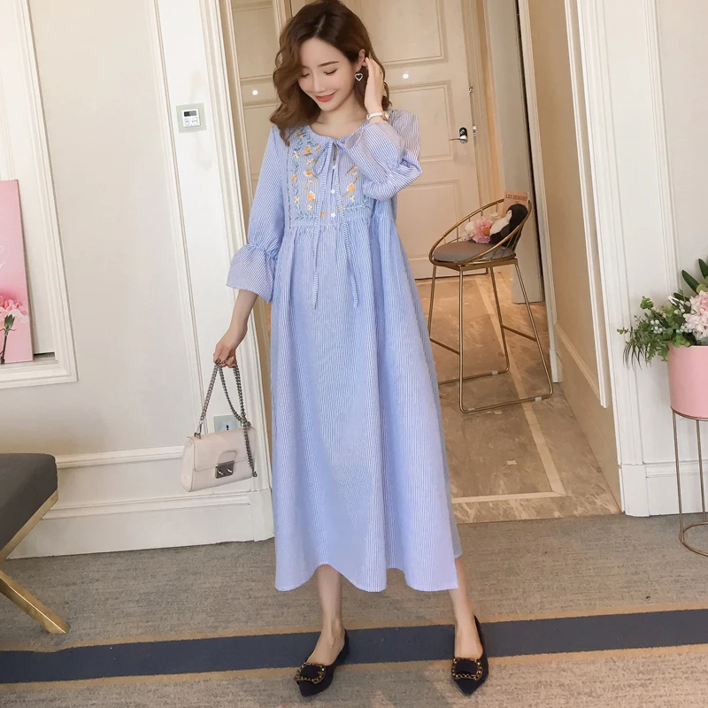 Женское платье в полоску Pengpious синее винтажное с цветочным принтом и