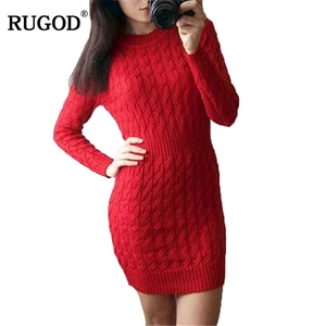 Красное вязаное платье-свитер RUGOD в новогоднем стиле, женское облегающее платье с круглым вырезом и длинным рукавом, женская зимняя теплая трикотажная одежда, платья