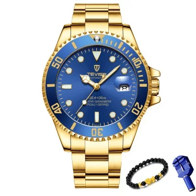 Blue GoldSteel Tevise Роскошные водонепроницаемые автоматические мужские механические часы с автоматической датой, полностью стальные бизнес-часы от ведущего бренда, водонепроницаемые часы T801 - Цвет: Blue GoldSteel