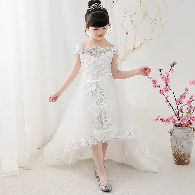 

Glitz Shoulderless Chapel Train Appliques Sequins Flower Girl Dresses White Princess Dress Birthday Party Wedding Ball Gowns