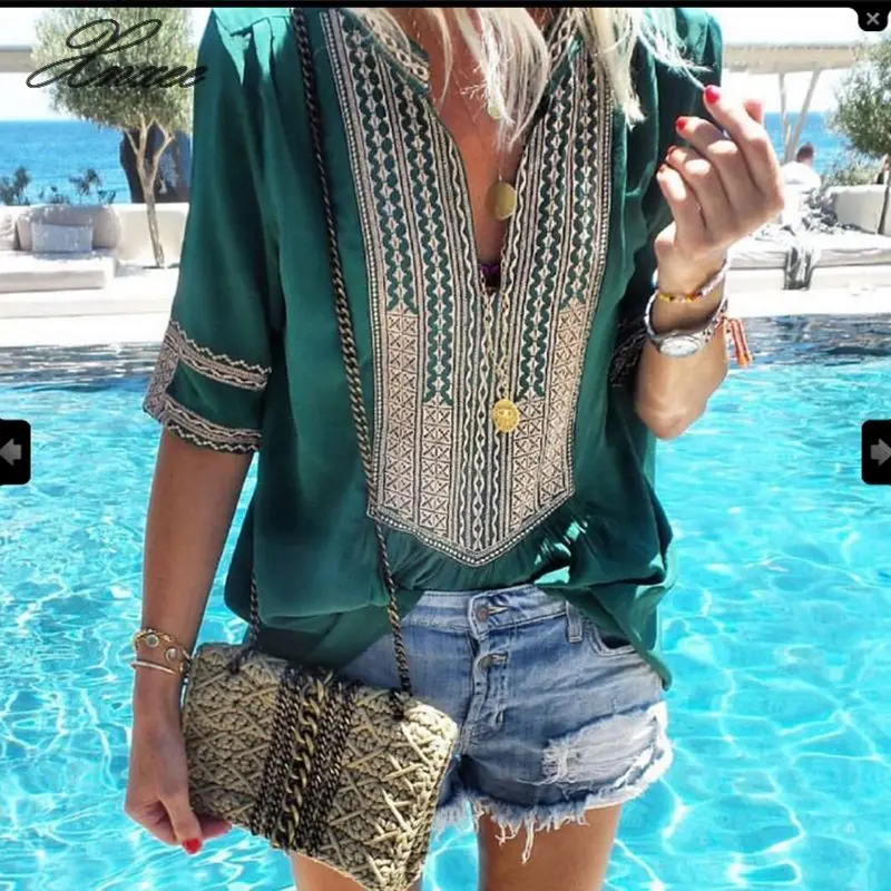 

Women Plus Size Ethnic Style Bohemian Blouse Shirt Elegant V-neck Printed Beach Blusas Summer Retro Half Sleeve Blouses S-5XL