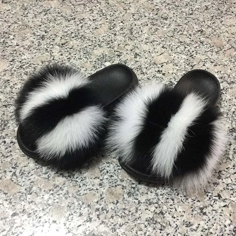 Black Mix White Jancoco Max дети натуральный Лисий Мех для девочки Тапочки Весна Лето натуральный мех шлепанцы для детей Крытый Открытый S60 GLOve24 - Цвет: Black Mix White