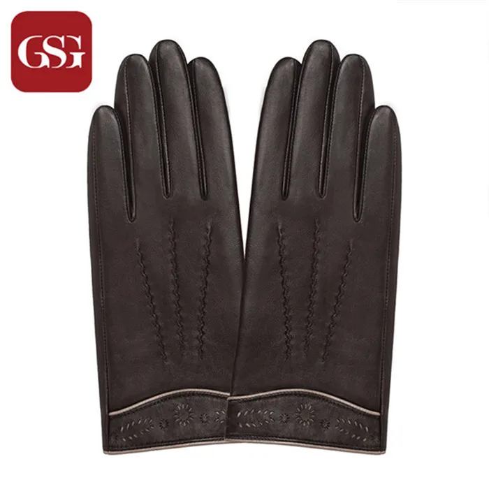Brown GSG кожаные перчатки с сенсорным экраном для женщин, зимние теплые, с подкладкой, принт ручной работы, тисненые, модные, с бусинами, с заклепками, Вечерние перчатки для вождения - Цвет: Brown