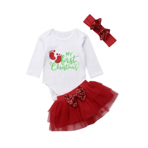 Топы для новорожденных девочек с надписью My First Christmas комбинезон юбка повязка на