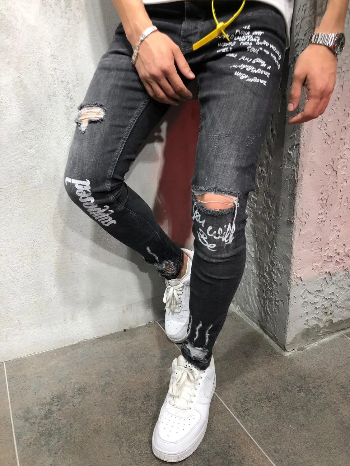 Джинсы мужские с надписью рваные в стиле хип-хоп 2019 | Мужская одежда