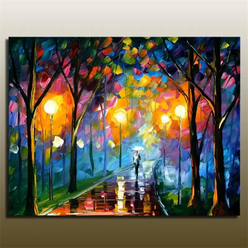 

Handpainted Lover Rain Street Tree Lamp Landscape Oil Painting On Canvas Wall Art Wall Pictures For Living Room Home Decor Image