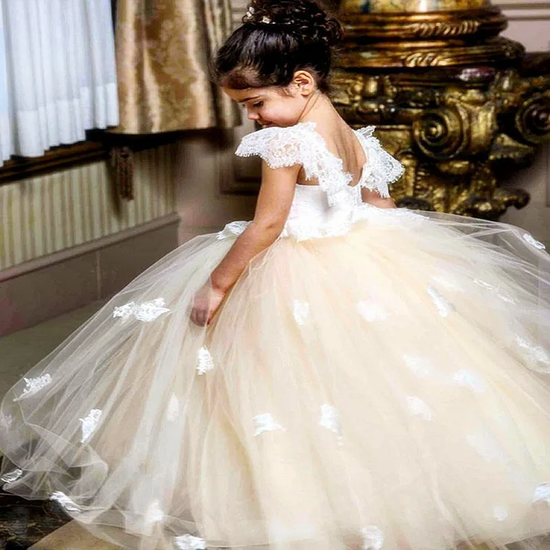 Шампанское Цветочное платье для девочек Цветочная аппликация платья конкурса