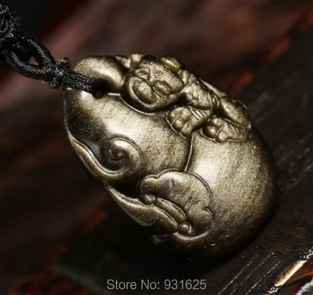 Красивый природный золото Обсидиан Резной китайский бутылки Pixiu Лаки амулет