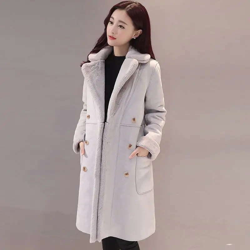 light gray Полная распродажа Новое зимнее пальто зимняя куртка женская длинная двубортная оленья овечья шерсть пальто ветровка QH0617 - Цвет: light gray