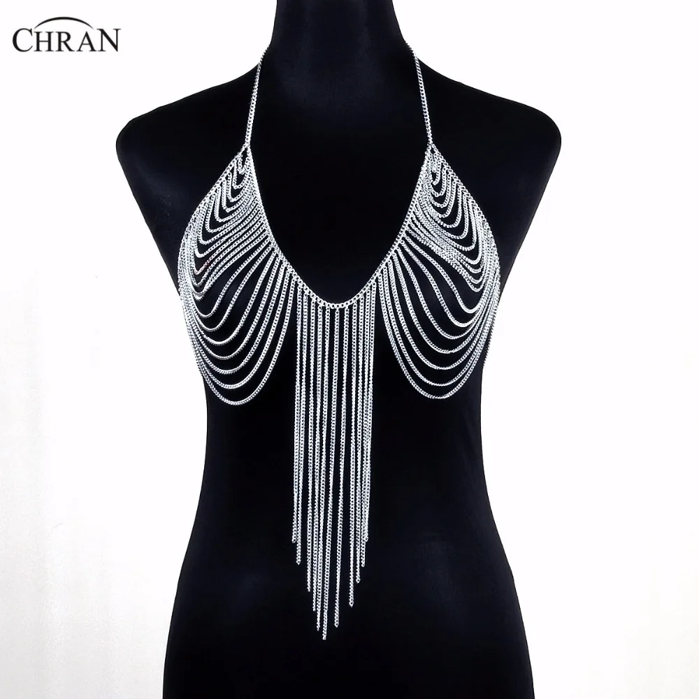 Женский бюстгальтер на цепочке Chran серебристый золотистый с цепочкой Пляжное