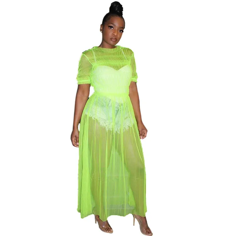 Женское прозрачное Сетчатое платье Летнее Длинное Платье с о вырезом и коротким
