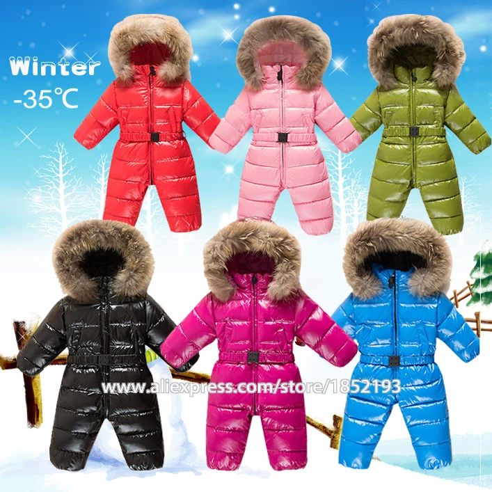 

Russia winter outfit baby jumpsuit infants warm clothes coveralls feather down snowsuit boys clothes raccoon fur collar hooded