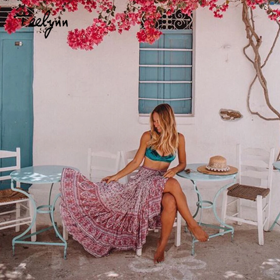 TEELYNN Boho юбка для женщин из вискозы фиолетового цвета с цветочным принтом летние