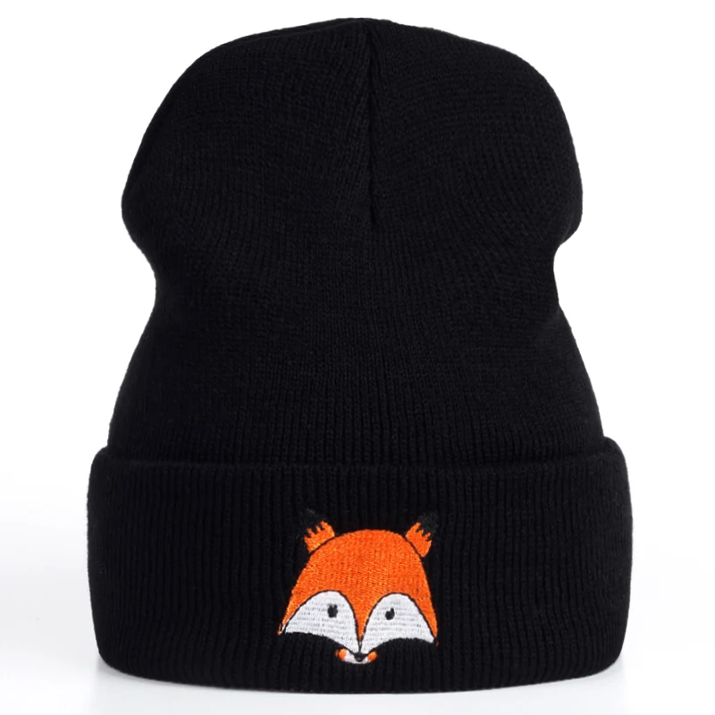 Новинка 2017 модная шапка унисекс с принтом лисы вышивкой женская зимняя шапка|knitted