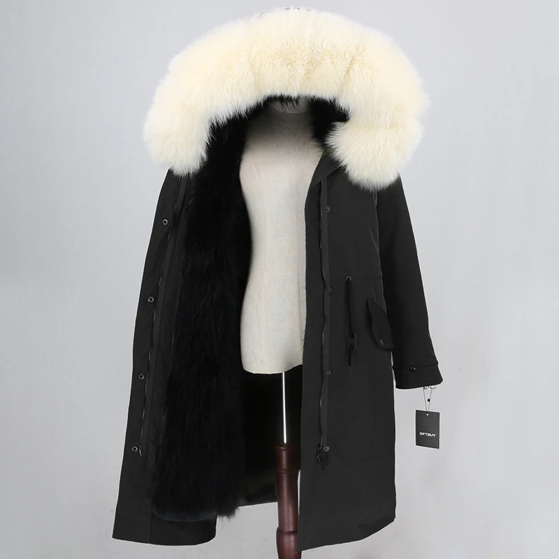 black black beige Пальто с натуральным мехом, бренд X-long Parka, водонепроницаемая ткань, верхняя одежда, зимняя куртка для женщин, натуральный Лисий мех, капюшон, подкладка из лисьего меха, отстегивается - Цвет: black black beige