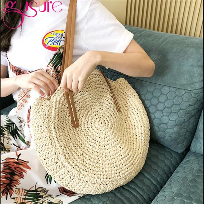 

Gusure Women Round Circular Rattan Bag New Soild Color Wicker Straw Woven Shoulder Bags Female's Fashion Traveling Bag