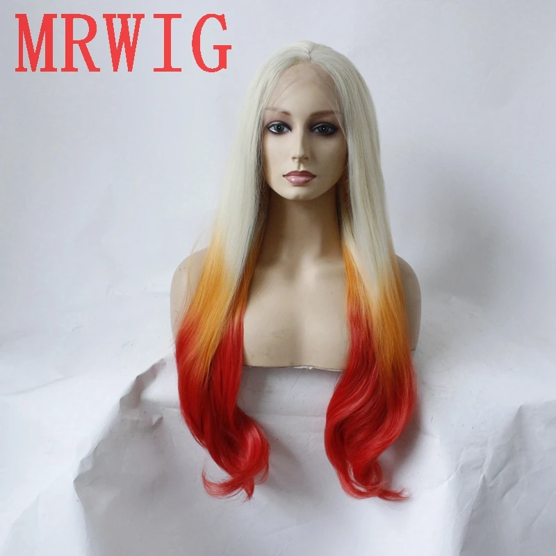 MRWIG настоящий рис #613/Желтый/Красный Длинный натуральный волнистый синтетический
