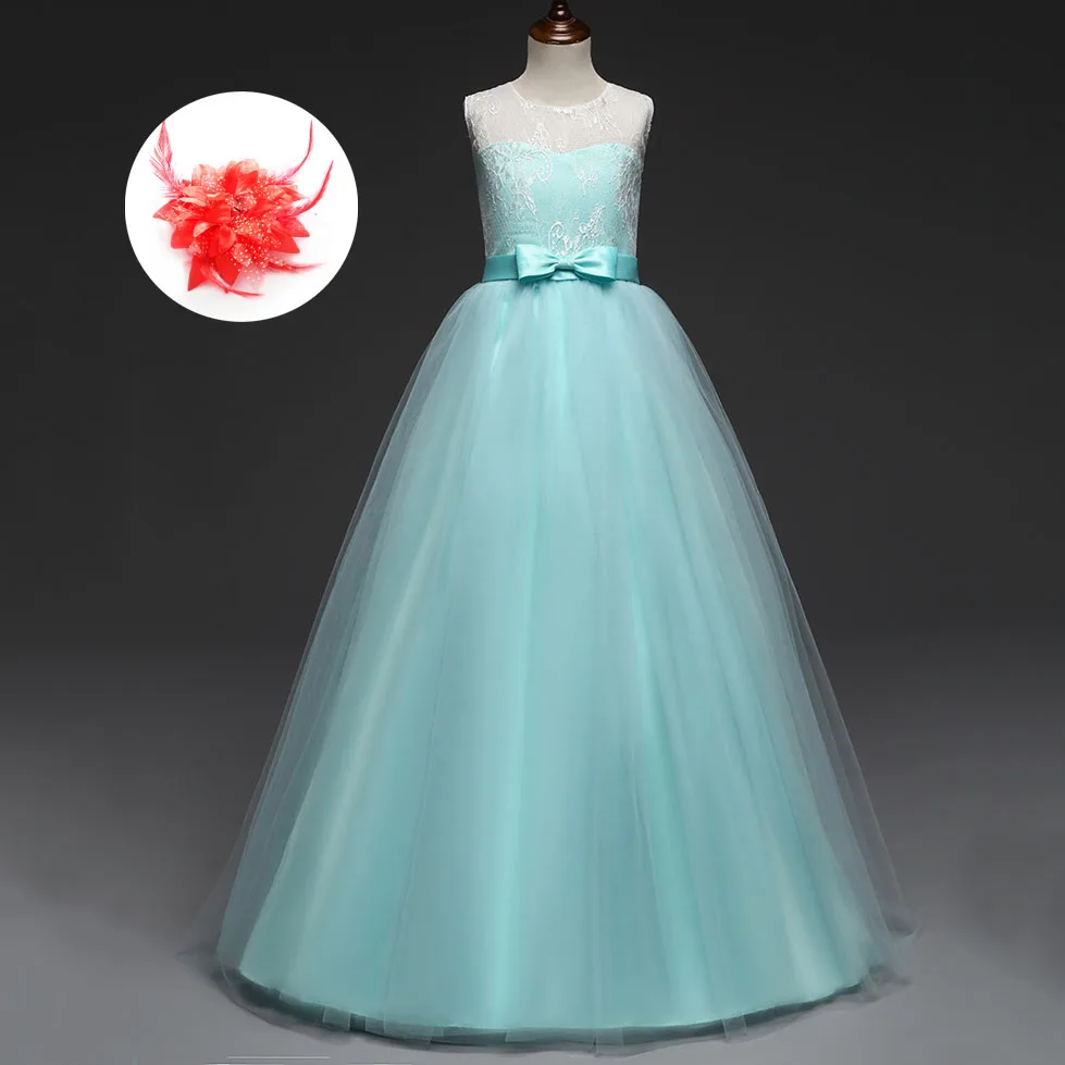 Lace Mesh Neck Kids Dresses for Girls Party Wear Red White Lavender Light Blue Long Dress Clothes 4 To 13 Years | Детская одежда и