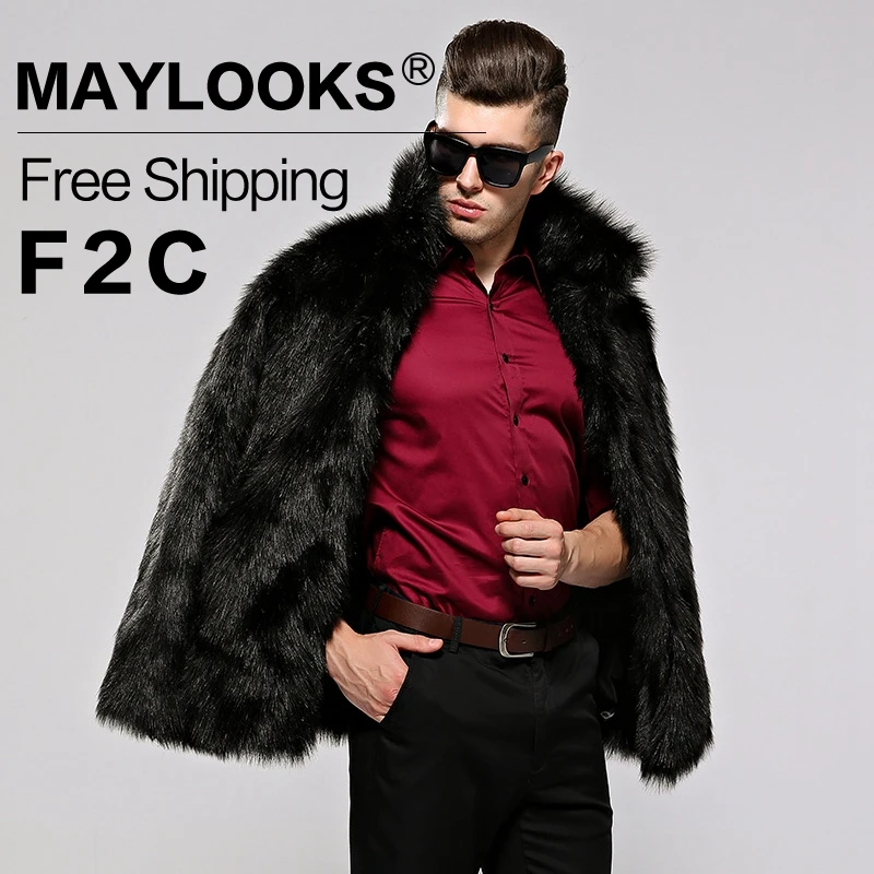 Men's Faux Fur Long Coat Brown/black Warm And Comfortable Winter New Brand Maylooks Hn128
