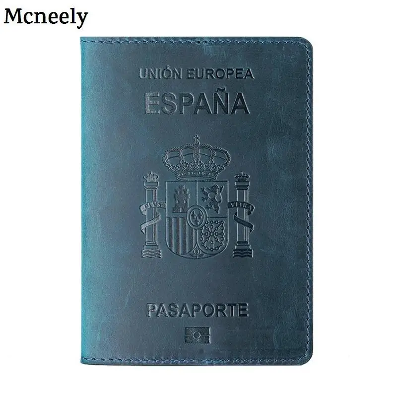 Spain Blue Черный, Испания, натуральная кожа, Обложка для паспорта Crazy Horse, твердый Держатель для паспорта, бизнес, унисекс, прочный дорожный Кошелек, Чехол для мужчин - Цвет: Spain Blue