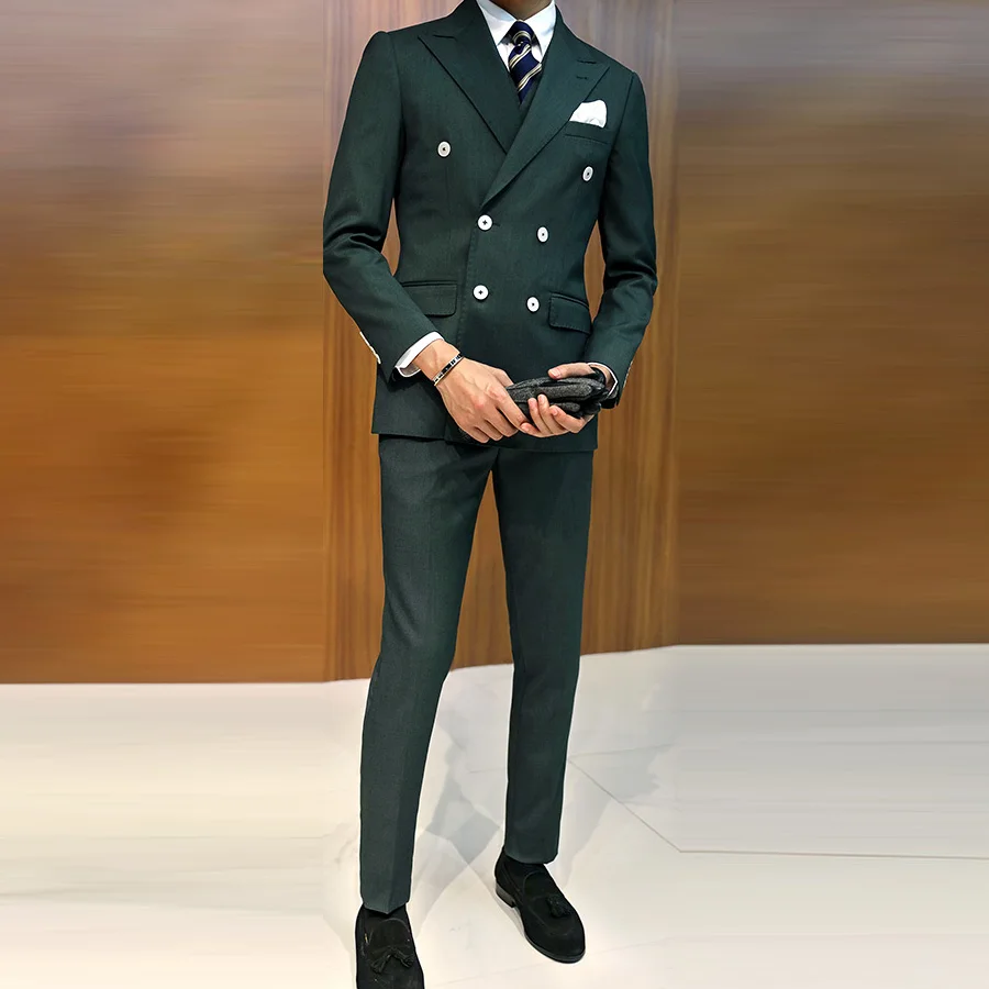 Dark Green Business Suit Groom Tuxedos Slim Fit Men Wedding Suit 3 Pcs Jacket Vest Pants Blazer Men Suit Double Breasted  tuxedo