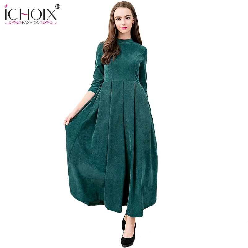 2017 осень-зима с круглым вырезом Элегантные Винтаж макси длинные платья