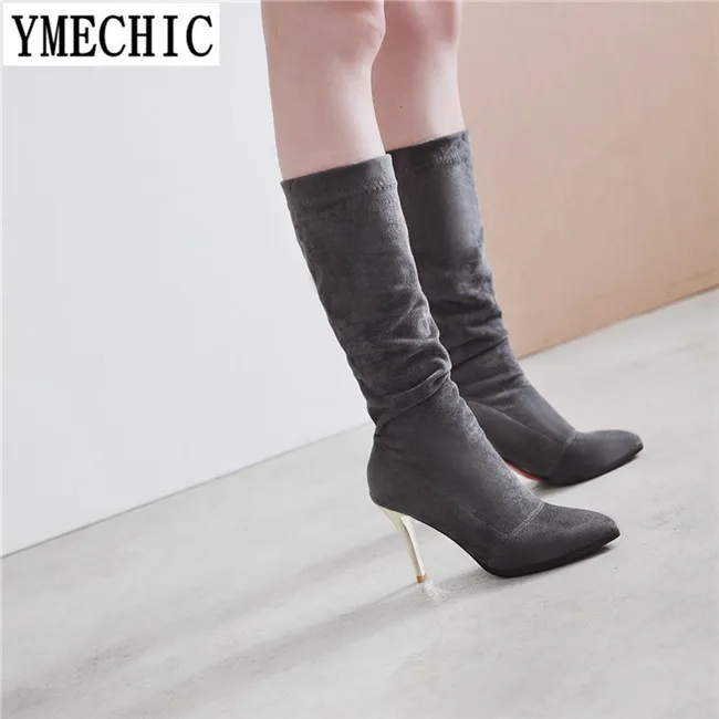Женские замшевые сапоги стрейч YMECHIC зимние высокие облегающие до середины икры