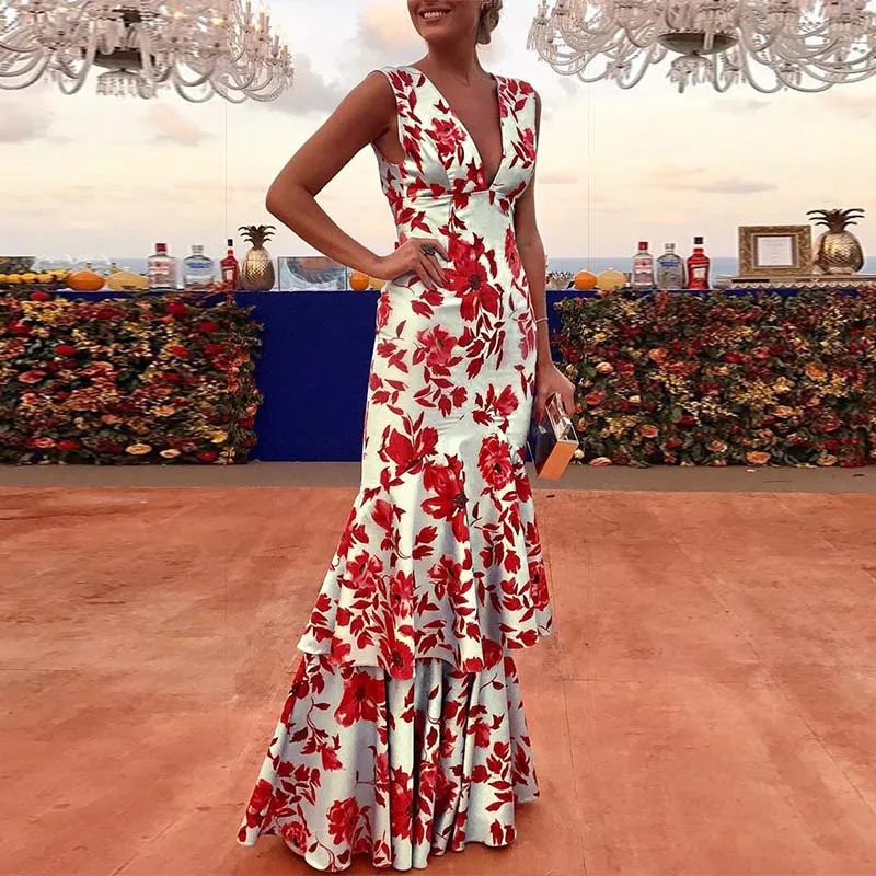

Vintage Trumpet dress V-neck Ruffles Fashion unique design summer women's party dress elegant temperament sexy summer dress