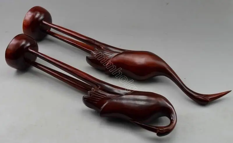 

Asia Collectible Decorated Old Handwork Wood Carved Pair Crane Statue