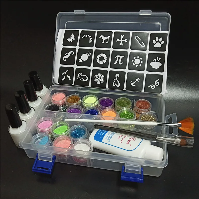 36 Colors Kit 45 цветов блестящая пудра 6 наклеек 2 кисти 5 полых шаблонов набор для Временной Татуировки Дети лицо тело Diy ногтей Живопись Искусство инструмент - Цвет: 36 Colors Kit