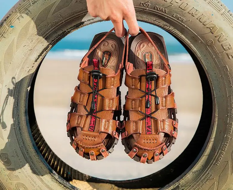 Новые летние мужские сандалии дышащие кожаные пляжные брендовая мужская