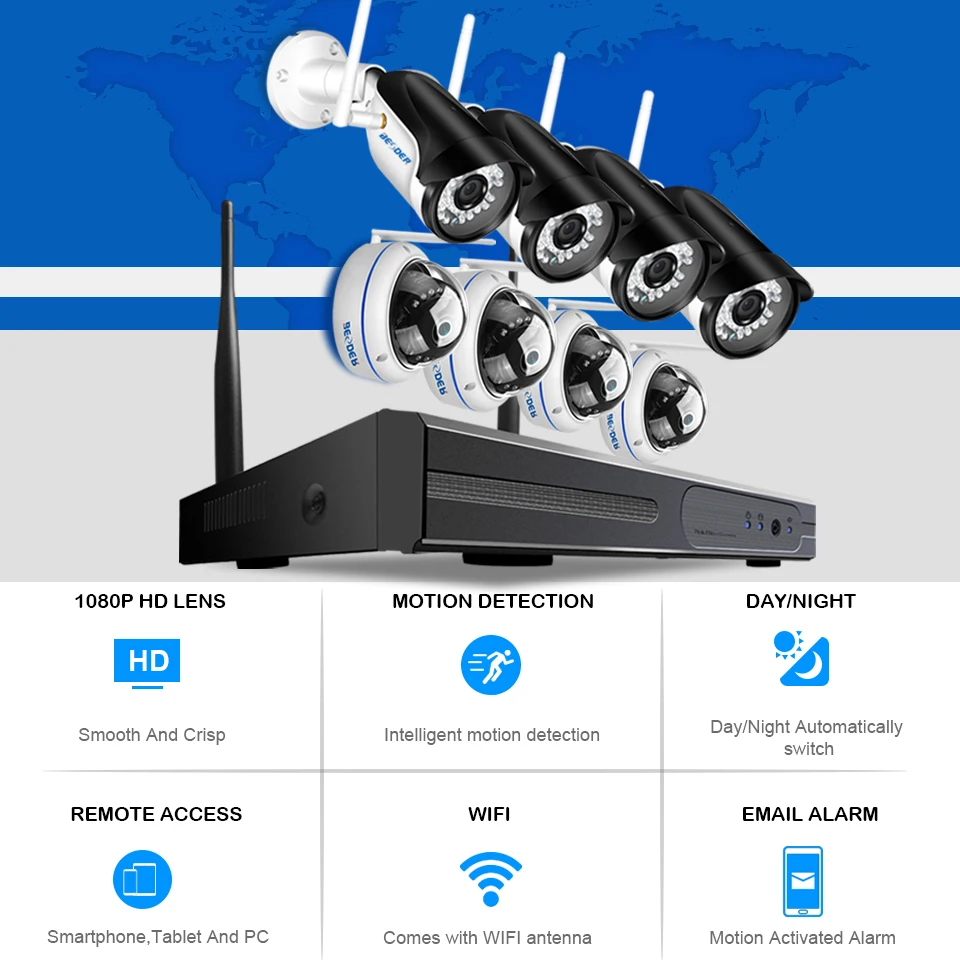Система видеонаблюдения BESDER 8 каналов 1080P Wi Fi 4 наружных камеры и комнатных